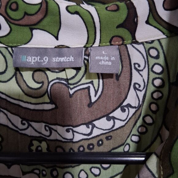 Apt. 9 Large Green & Brown Paisley Plissé Pleated Button Up Blouse - Picture 3 of 3